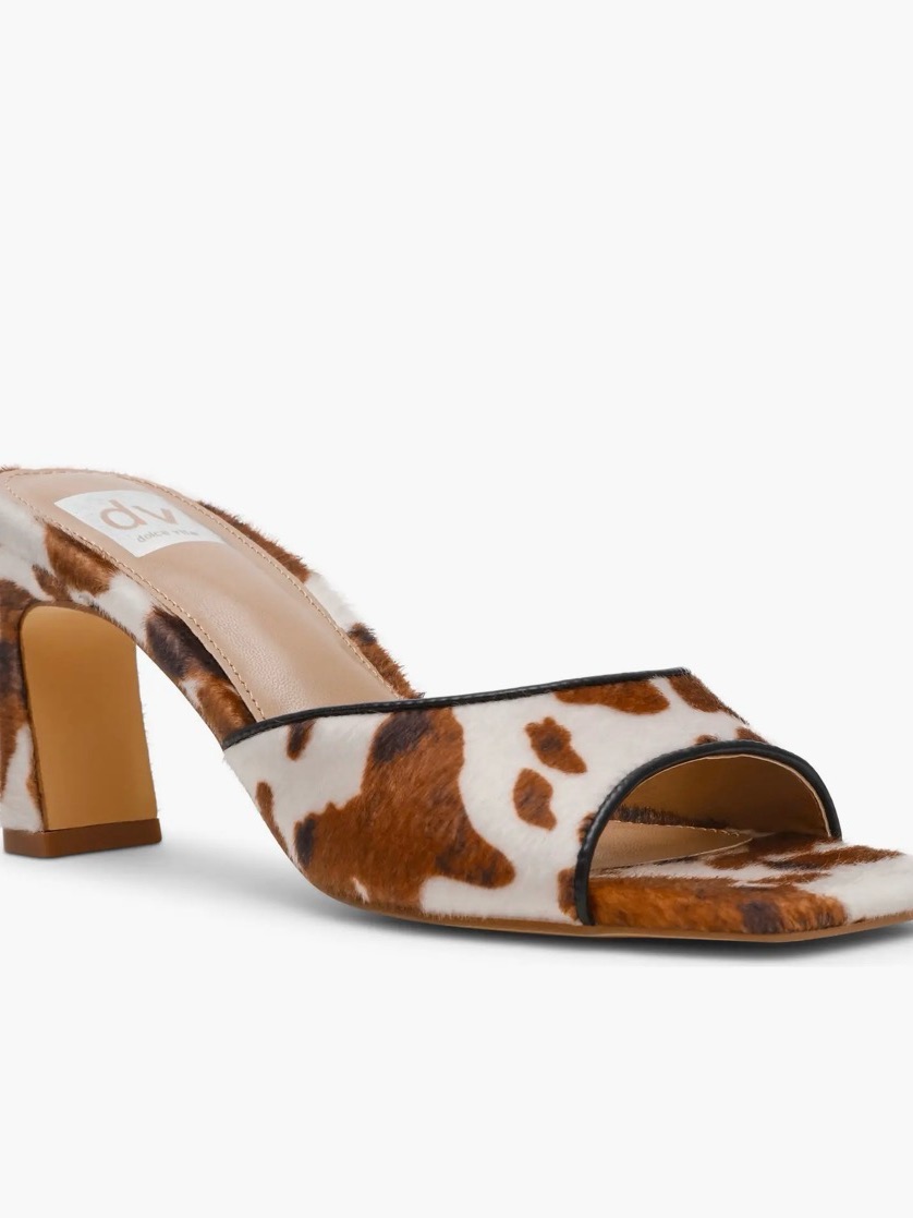 New Dv Brown & White Cowprint Open-Toe Block Heel Sandal | 8m